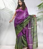 Violet and sap green shibori printed silk saree