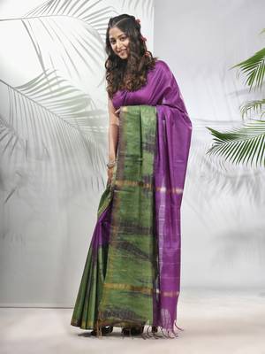 Violet and sap green shibori printed silk saree 2