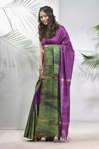 Violet and sap green shibori printed silk saree