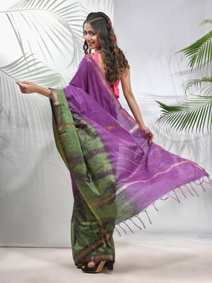 Violet and sap green shibori printed silk saree 3