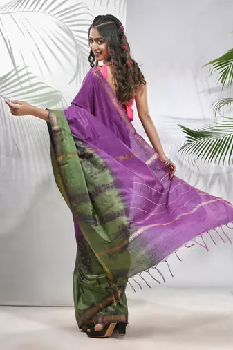 Violet and sap green shibori printed silk saree