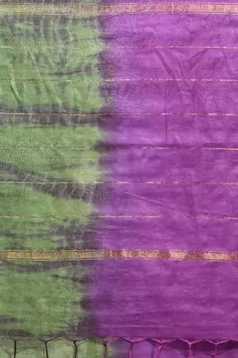 Violet and sap green shibori printed silk saree