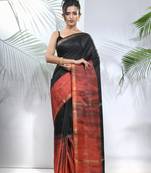 Black and rust shibori printed silk saree