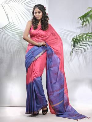 Salmon pink and aegean blue shibori printed silk saree 1