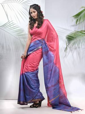 Salmon pink and aegean blue shibori printed silk saree 2