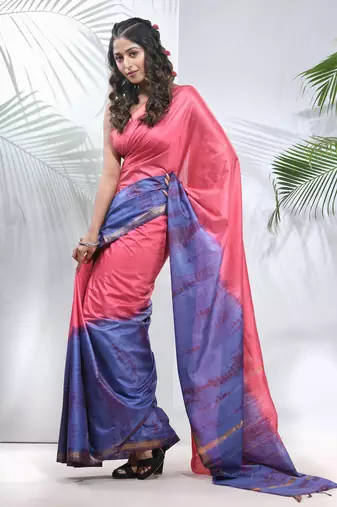 Salmon pink and aegean blue shibori printed silk saree