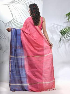 Salmon pink and aegean blue shibori printed silk saree 3