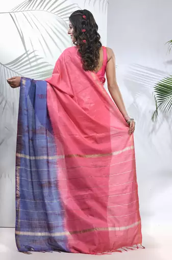 Salmon pink and aegean blue shibori printed silk saree