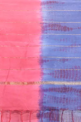 Salmon pink and aegean blue shibori printed silk saree