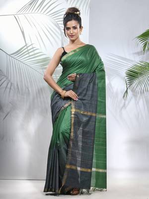 Green and grey shibori printed silk saree 1