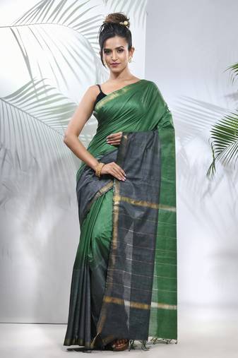 Green and grey shibori printed silk saree