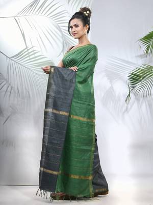 Green and grey shibori printed silk saree 2