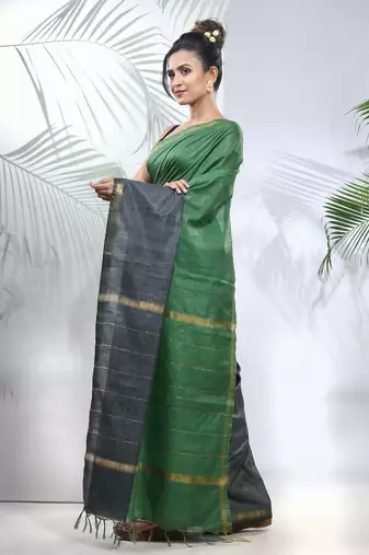 Green and grey shibori printed silk saree