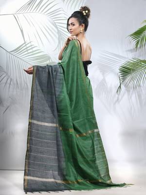 Green and grey shibori printed silk saree 3