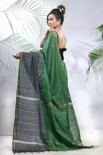 Green and grey shibori printed silk saree