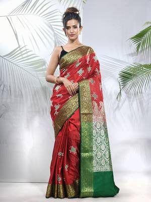 Red embroidered motifs silk saree with zari borders 1