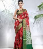 Red embroidered motifs silk saree with zari borders