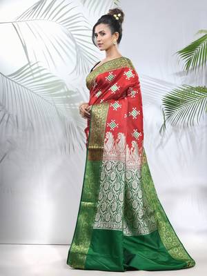 Red embroidered motifs silk saree with zari borders 2
