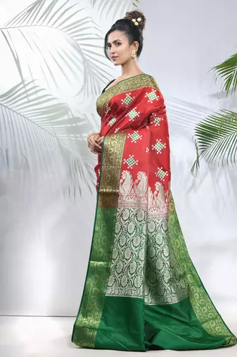 Red embroidered motifs silk saree with zari borders