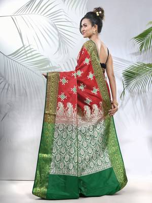 Red embroidered motifs silk saree with zari borders 3