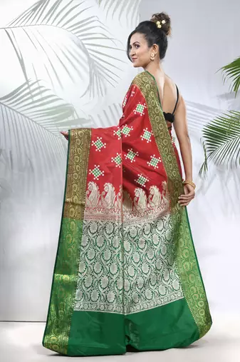 Red embroidered motifs silk saree with zari borders