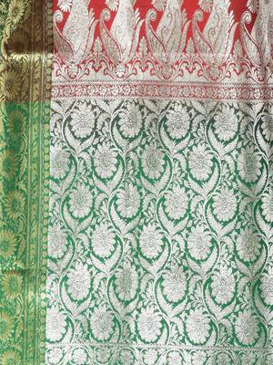 Red embroidered motifs silk saree with zari borders 4
