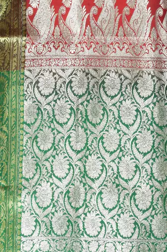 Red embroidered motifs silk saree with zari borders