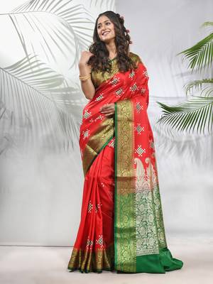 Rust embroidered motifs silk saree with zari borders 1