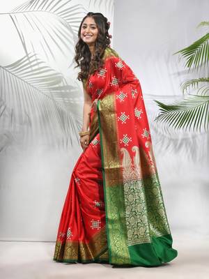 Rust embroidered motifs silk saree with zari borders 2