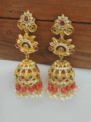 Gold plated cz orange beads long jhumka jhumki earrings with pearls 2