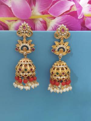 Gold plated cz orange beads long jhumka jhumki earrings with pearls 3
