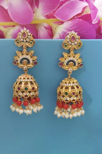 Gold plated cz orange beads long jhumka jhumki earrings with pearls
