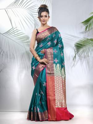 Teal embroidered motifs silk saree with zari borders 1