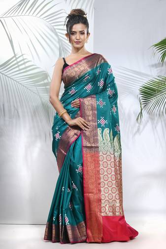 Teal embroidered motifs silk saree with zari borders