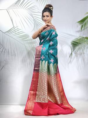 Teal embroidered motifs silk saree with zari borders 2