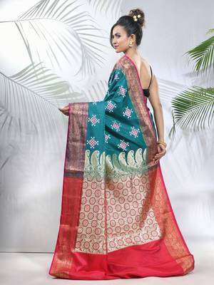 Teal embroidered motifs silk saree with zari borders 3