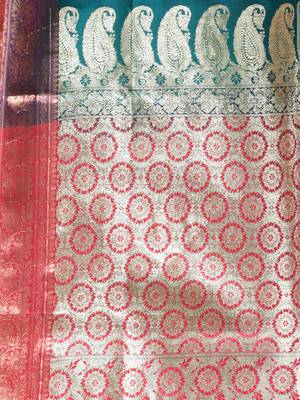 Teal embroidered motifs silk saree with zari borders 4