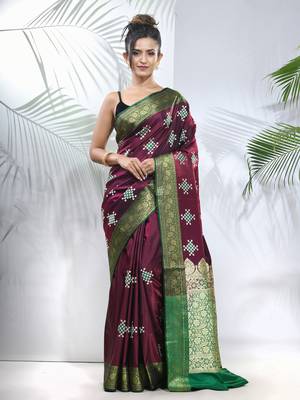Purple embroidered motifs silk saree with zari borders 1