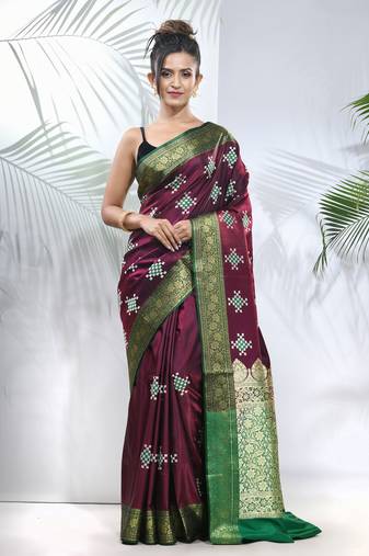 Purple embroidered motifs silk saree with zari borders