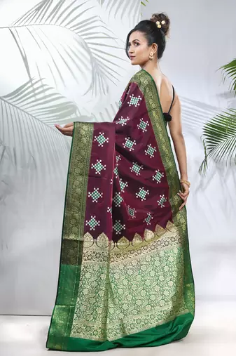 Purple embroidered motifs silk saree with zari borders