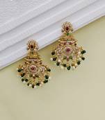 Gold plated handcrafted kempu ruby emerald stone with pearls peacock chandbali earrings green