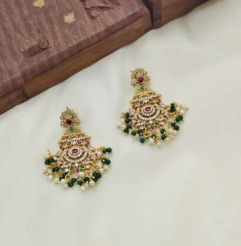 Gold plated handcrafted kempu ruby emerald stone with pearls peacock chandbali earrings green 2