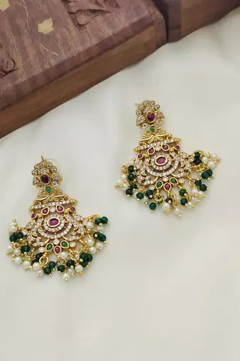 Gold plated handcrafted kempu ruby emerald stone with pearls peacock chandbali earrings green