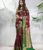 Maroon embroidered motifs silk saree with zari borders