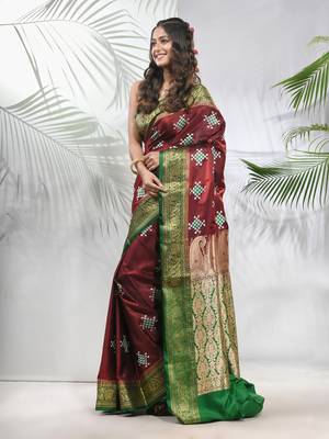 Maroon embroidered motifs silk saree with zari borders 2