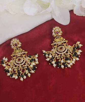Gold plated handcrafted kempu ruby emerald stone with pearls peacock chandbali earrings green 3