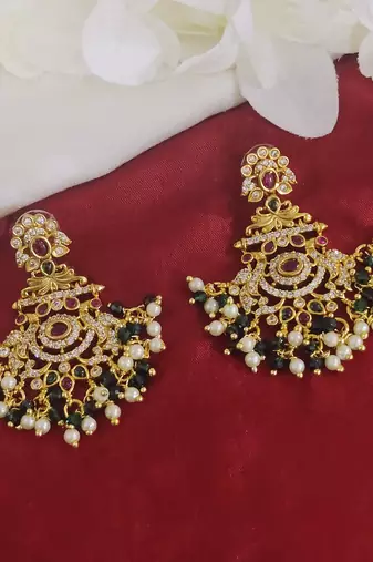 Gold plated handcrafted kempu ruby emerald stone with pearls peacock chandbali earrings green