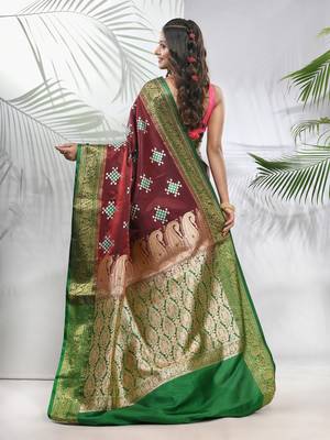 Maroon embroidered motifs silk saree with zari borders 3