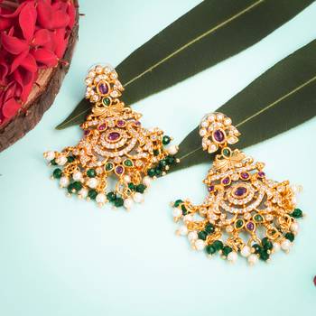 Gold plated handcrafted kempu ruby emerald stone with pearls peacock chandbali earrings green 4