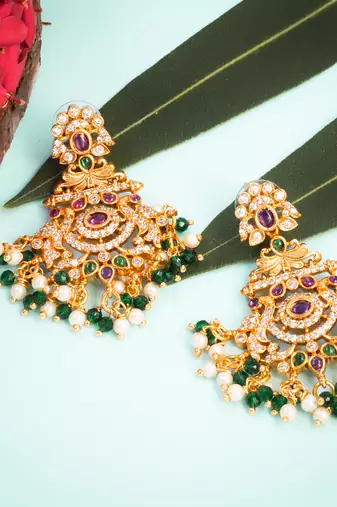 Gold plated handcrafted kempu ruby emerald stone with pearls peacock chandbali earrings green